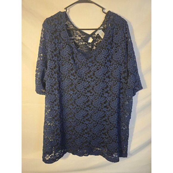 Catherines Womens Plus Size 2X 22W 24W Navy Lacy Short SLeeve Shirt Blouse - Picture 1 of 4